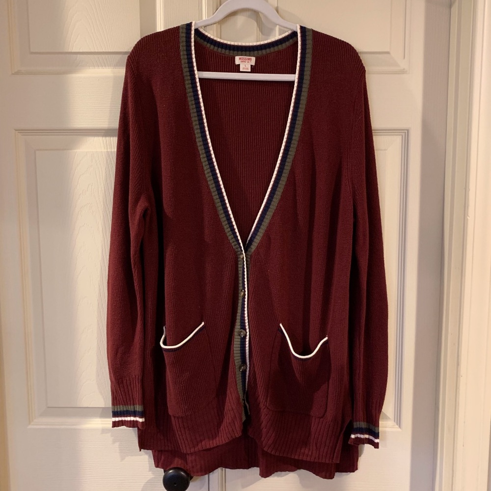 Burgundy/maroon long cardigan.